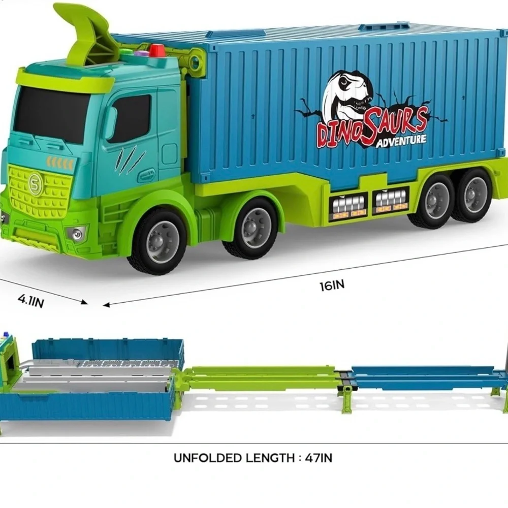NWOT Dinosaur Adventure EXTENDABLE 47in Transport Truck TRACK - 6 Cars Included